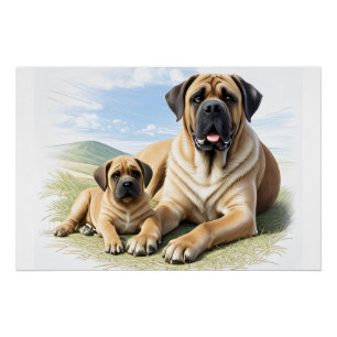 Poster Mastiff Dogue anglaise avec enfant en vacances