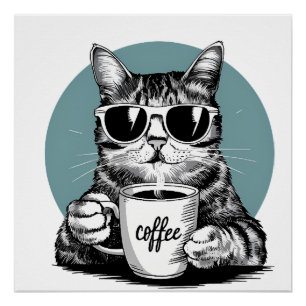 Poster Matins de chat cool � Caf�, Lunettes de soleil & A