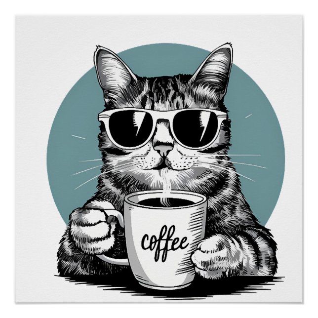 Poster Matins de chat cool � Caf�, Lunettes de soleil & A (Devant)