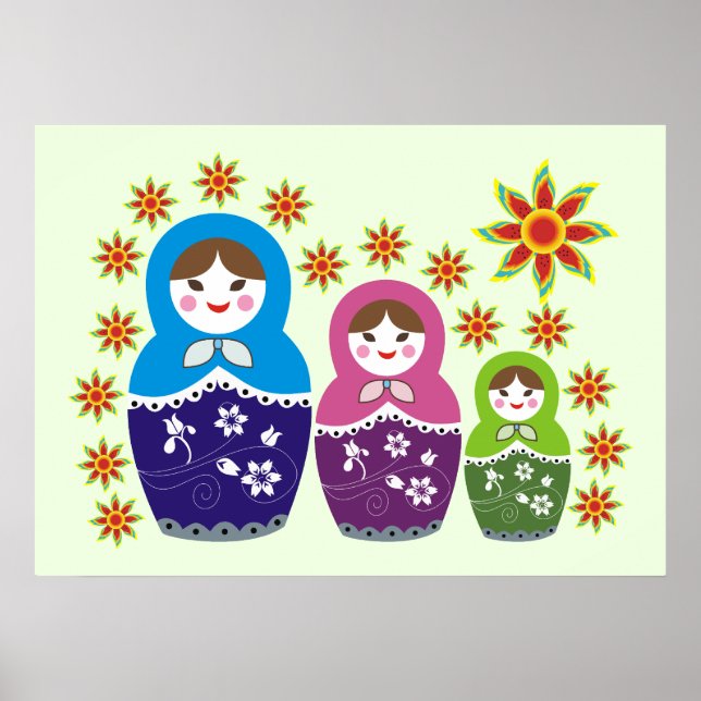Poster Matryoshka Poupées russes & tournesols vert pâle (Devant)
