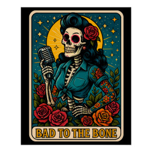 Poster Mauvais à Bone Retro Squelette chanteur