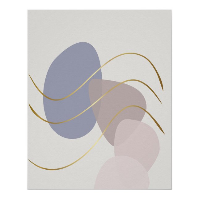 Poster Mauve et Bleu Douce Abstraits avec Lignes Dorées (Devant)