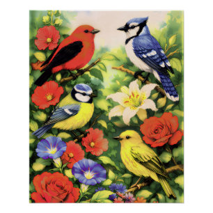 Poster Maximaliste Bright Botanical Été Jardin Oiseaux