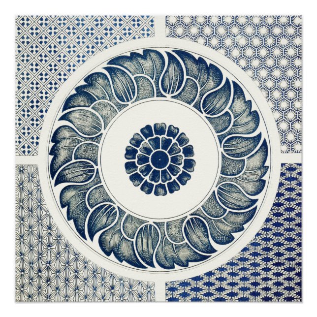 Poster Médaillon Chinois : Chinoiserie Bleu Indigo (Devant)