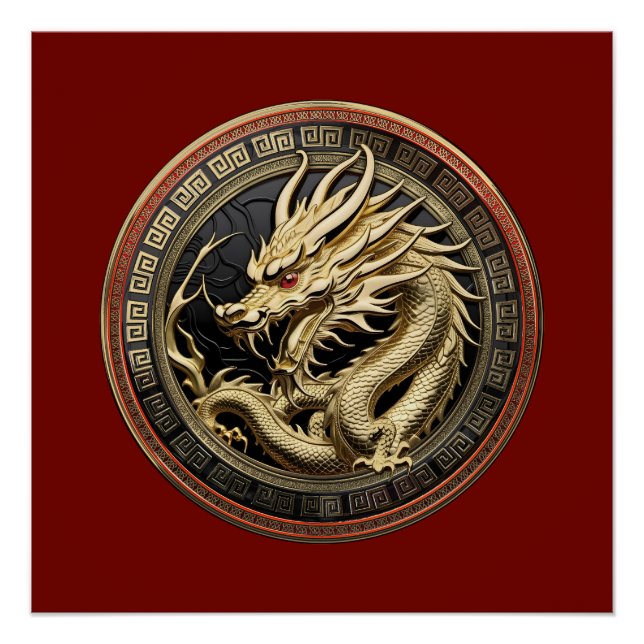 Poster Médaillon de dragon oriental sacré en or (Devant)