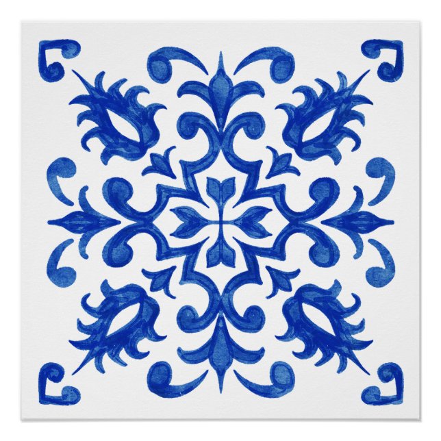 Poster Médaillon rond central en carreau bleu portugais (Devant)