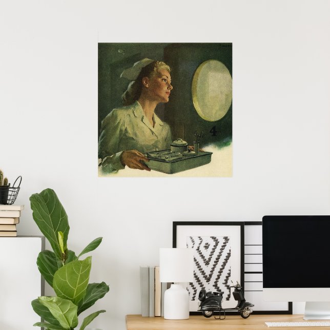 Poster Médecine vintage, infirmière avec outils Médicales (Bureau à domicile)