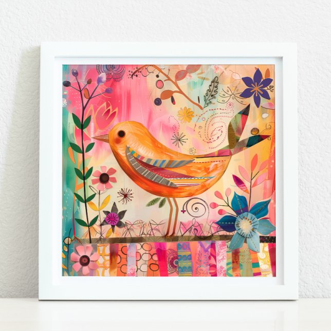 POSTER MÉDIA OISEAU COLORÉ (COLORFUL BIRD MIXED MEDIA POSTER)