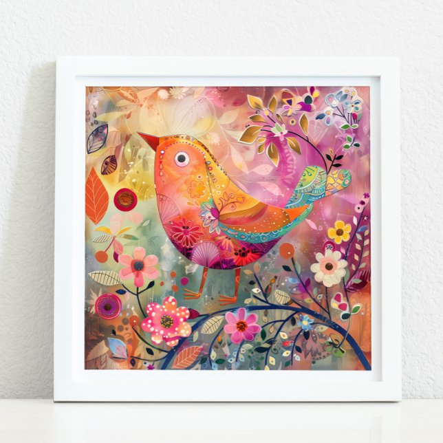 POSTER MÉDIA OISEAU COLORÉ (COLORFUL BIRD MIXED MEDIA POSTER)