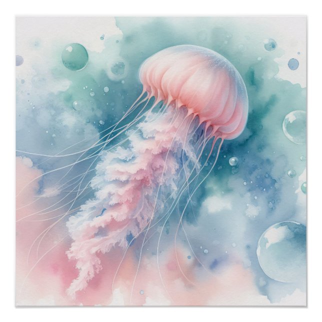 Poster Méduse aquarelle rose délicate (Devant)