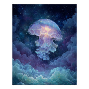Poster Méduses lumineuses dans l'art du ciel nuageux étoi