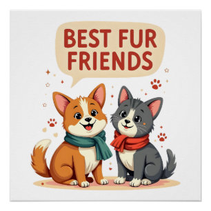 Poster Meilleurs amis en pelage vintage mignon chat et ch