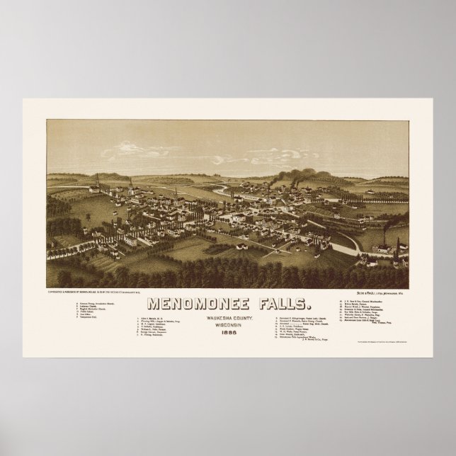 Poster Ménomonee Falls, WI Carte Panoramique - 1886 (Devant)