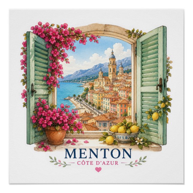 Poster Menton French Riviera  - View Through Window (Devant)