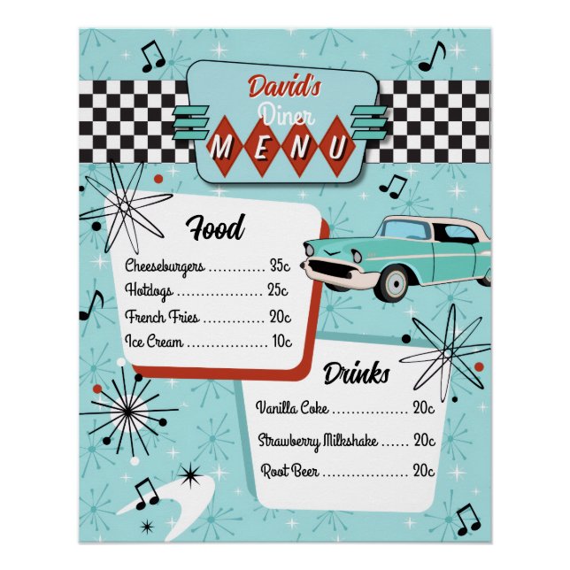 Poster Menu de diner rétro des années 1950 (Devant)