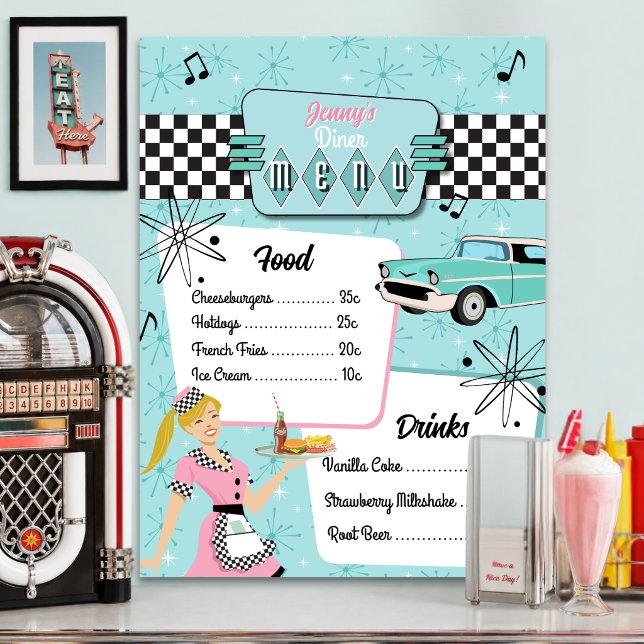Poster Menu de diner rétro des années 1950 (1950s Retro Diner Custom Menu poster)