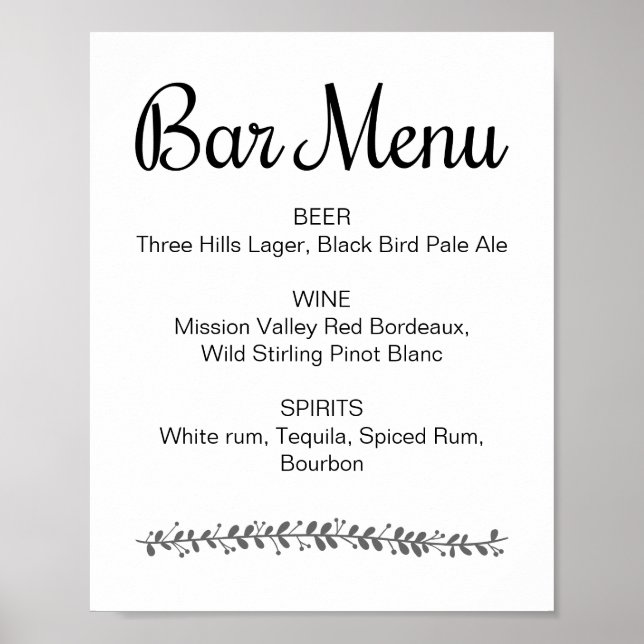 Poster Menu du bar de mariage Panneau de réception élégan (Devant)