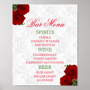 Poster Menu du Bar pour un Mariage Floral Rose Rouge Prof