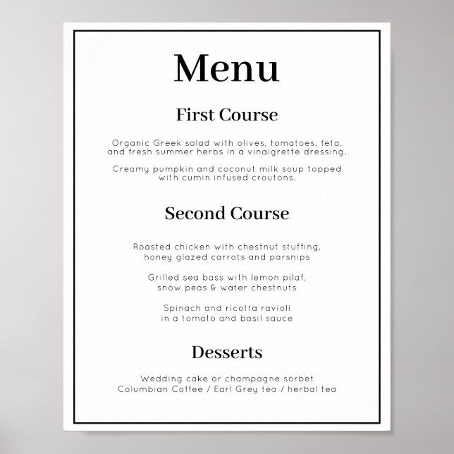 Poster menu Mariage simple de 3 plats (Devant)