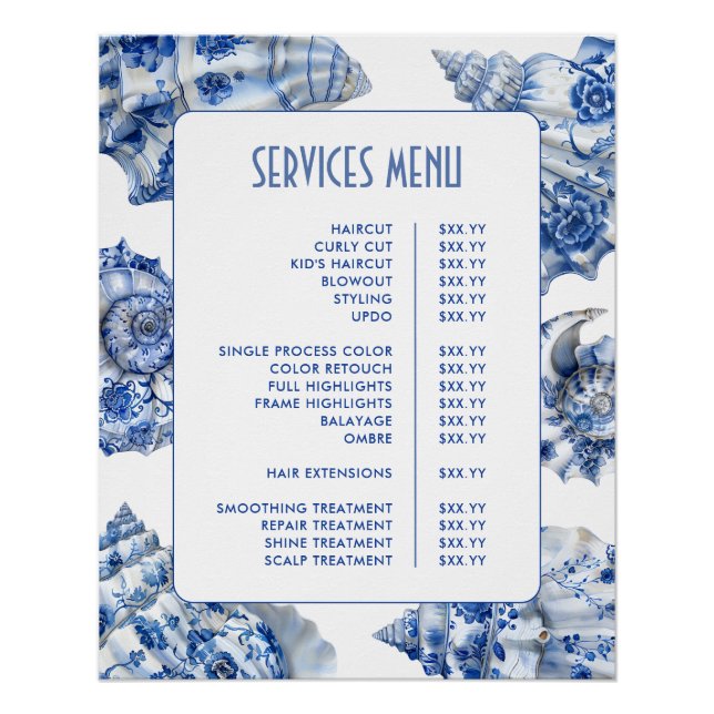 Poster Menu Services Blue Seashells (Devant)