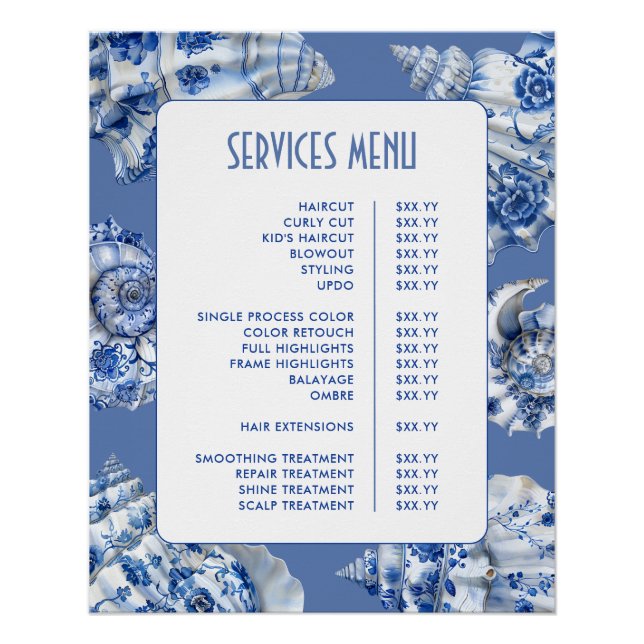 Poster Menu Services Ocean Blue Seashells (Devant)