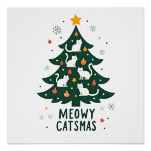 Poster Meowy Catmas Chat Noël Arbre de Noël Xmas Drôle de
