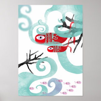Poster Mère baleine nouveau bébé corail vagues tourbillon