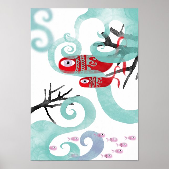 Poster Mère baleine nouveau bébé corail vagues tourbillon (Devant)