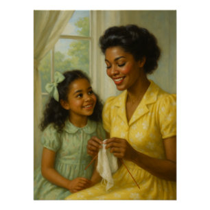 Poster Mère Enseigner la fille à Knit