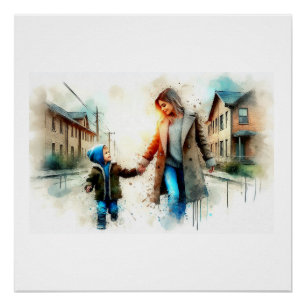 Poster Mère et enfant marchant dans la rue