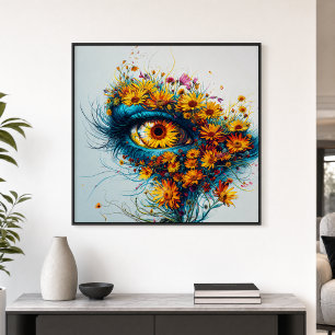 Poster Mère Nature surréaliste Œil Jaune Sarcelle Fleurs 