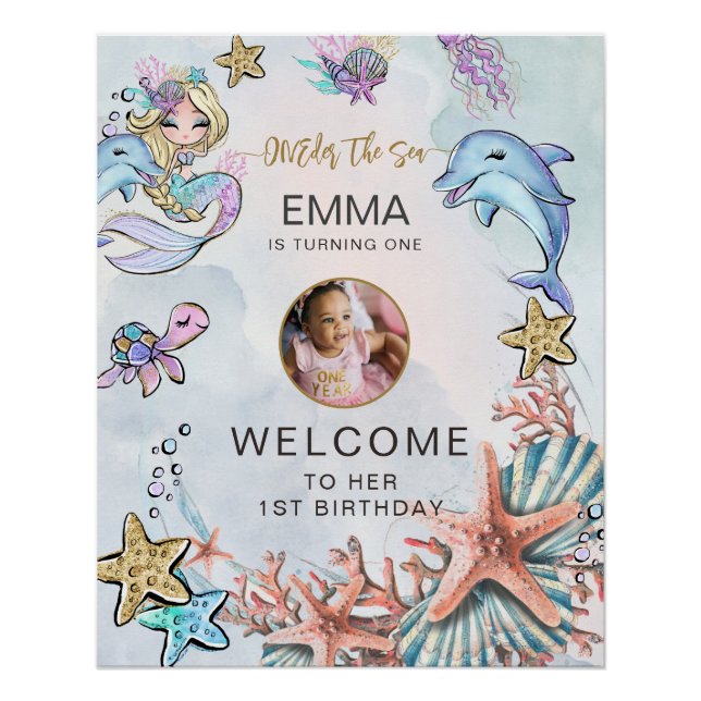 Poster Mermaid 1st Birthday Photo ONEder The Sea Welcome (Devant)