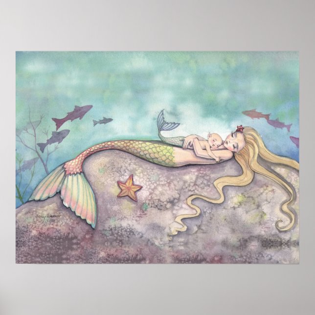 Poster Mermaid Lullaby Mère et bébé Aquarelle Imprimer (Devant)