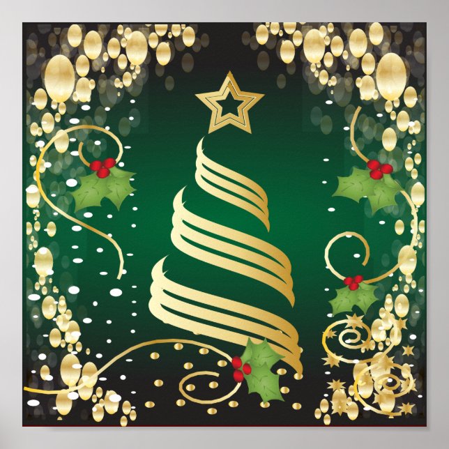 Poster Merry Christmas Festive Dark Green and Gold (Devant)
