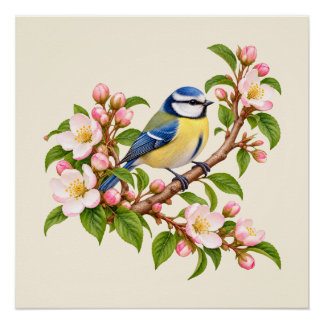 Poster Mésange bleue sur branche fleurie Oiseau botanique
