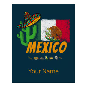 Poster Mexique Cactus Vintage avec Drapeau Sombrero Souve