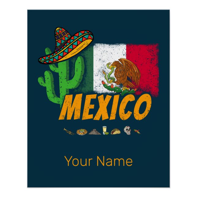 Poster Mexique Cactus Vintage avec Drapeau Sombrero Souve (Devant)