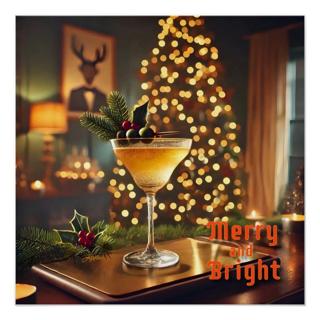 Poster Mi-Siècle Noël Joyeux & Cocktail lumineux (Devant)
