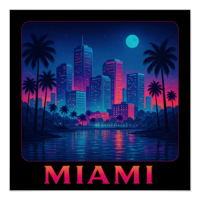 Poster Miami Moonrise - Neon Skyline (Devant)