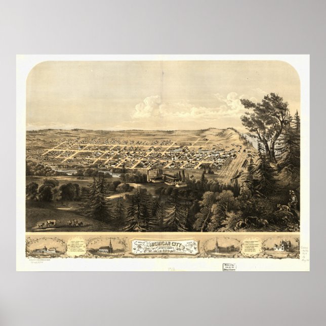 Poster Michigan City Indiana 1868 Carte panoramique antiq (Devant)