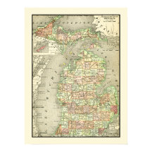 Michigan Colorful Antique Map État et comtés
