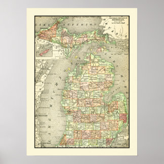 Poster Michigan Colorful Antique Map État et comtés