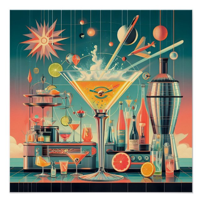 Poster Mid Century Atomic Futuristic Citrus Martini Bar (Devant)