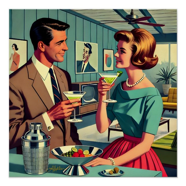 Poster Mid Century Cocktail Party Couples - House Warming (Devant)