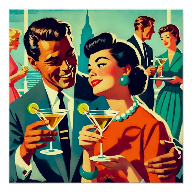 Poster Mid Century Cocktail Party Couples - Mi Amor (Devant)