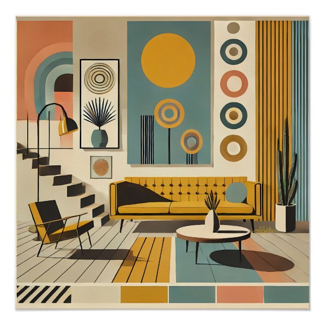 Poster Mid Century Interior Design Dessert Livingroom (Devant)
