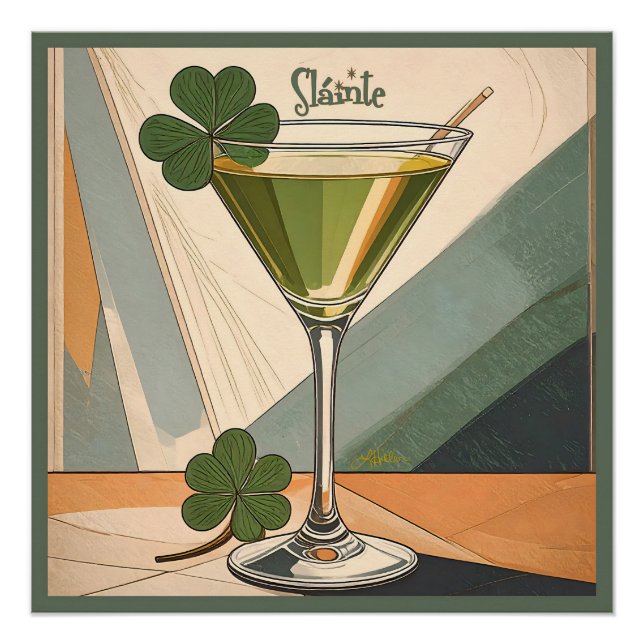 Poster Mid Century Modern Art Shamrock Martini Sláinte!  (Devant)