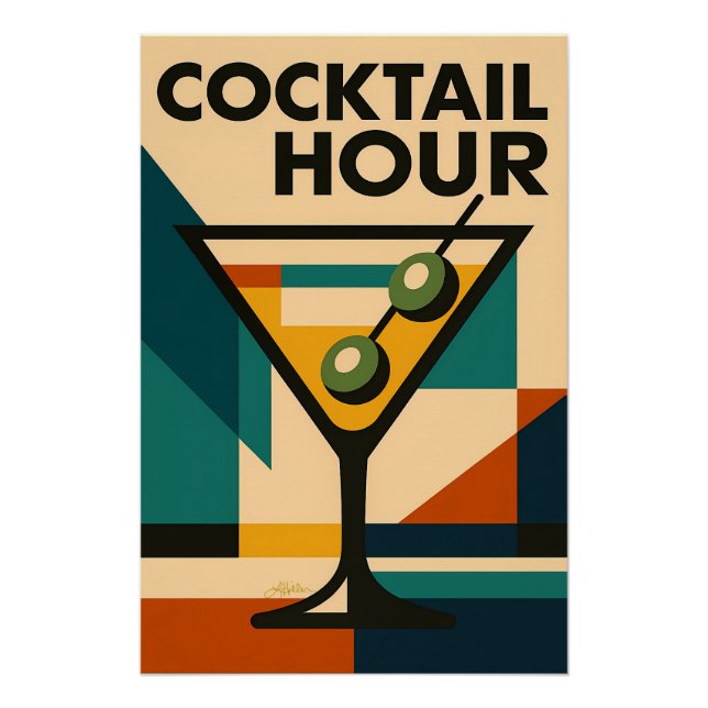 Poster Mid Century Modern Bauhaus Cocktail Hour Martini (Devant)