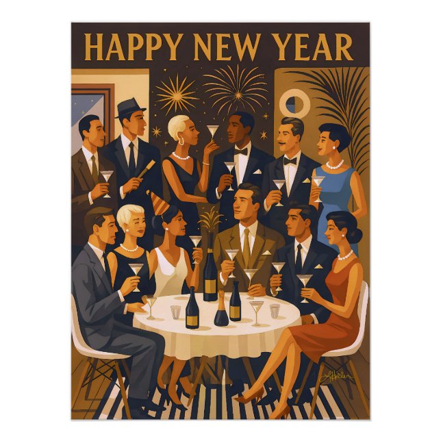 Poster Mid Century Modern Martini Intellectuals New Year (Devant)