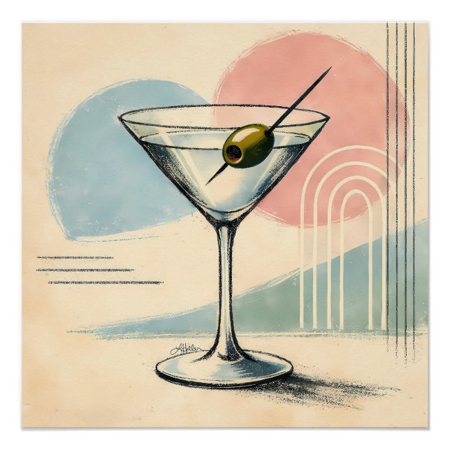 Poster Mid Century Modern Martini Pastel Minimalist Art (Devant)